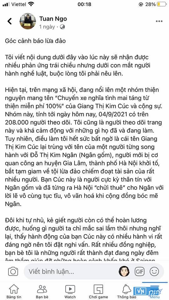 Tài khoản Facebook tố Giang Kim Cúc ăn chặn tiền từ thiện