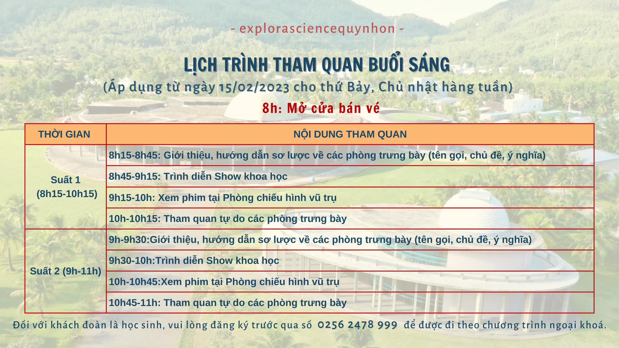 Bảng thông báo nội dung tham quan buổi sáng (áp dụng cho thứ bảy và chủ nhật) du lịch tại Tổ hợp không gian khoa học