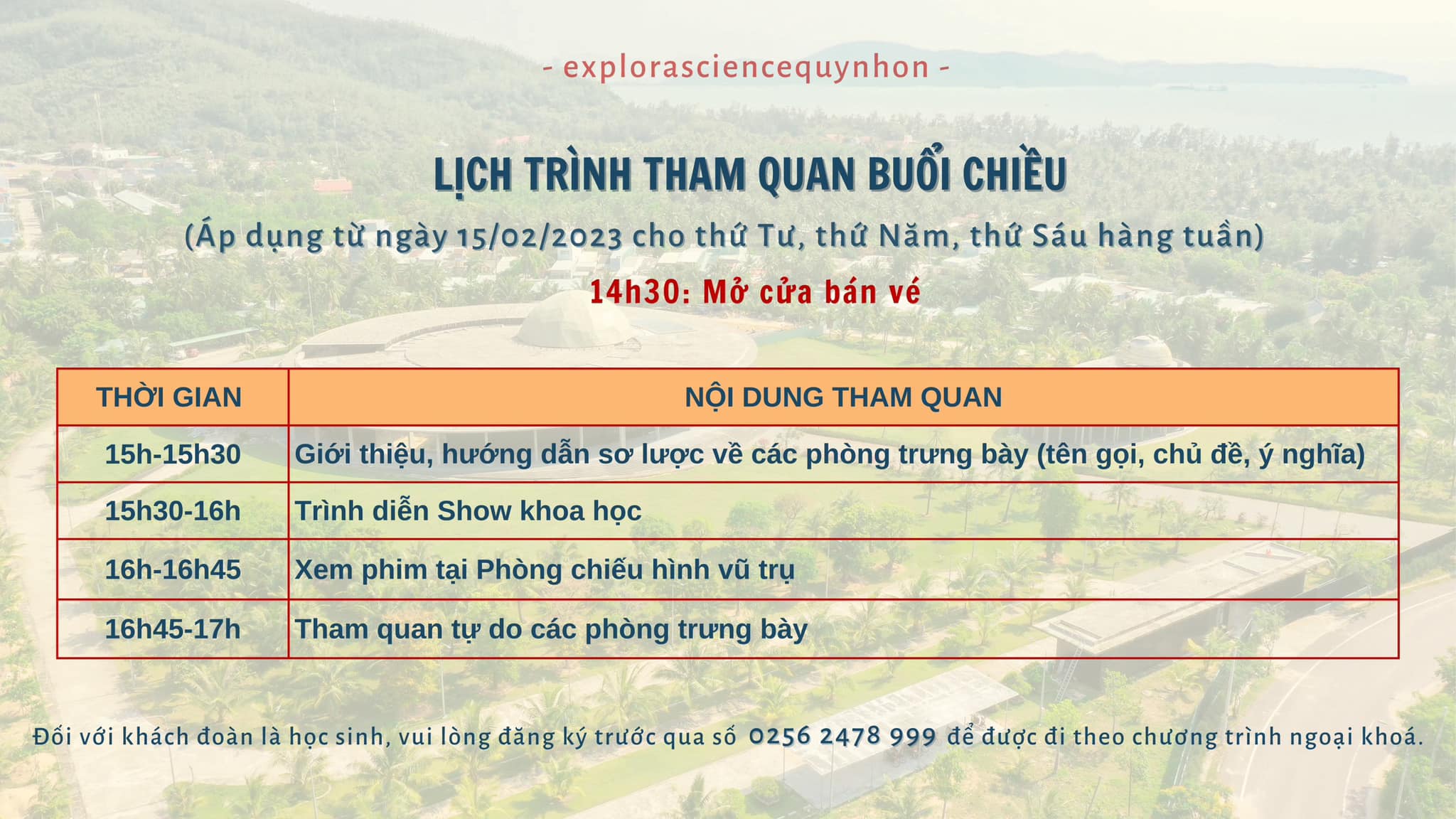 Bảng thông báo nội dung tham quan buổi chiều du lịch tại Tổ hợp không gian khoa học