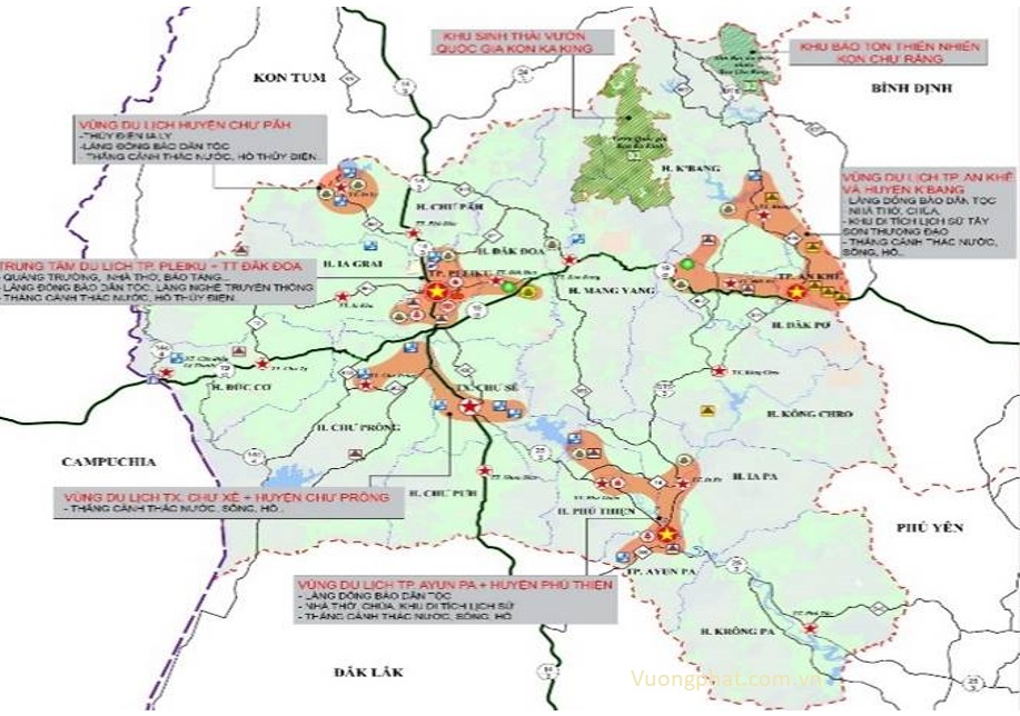 Sơ đồ phân bố các vùng du lịch – cảnh quan tỉnh Gia Lai