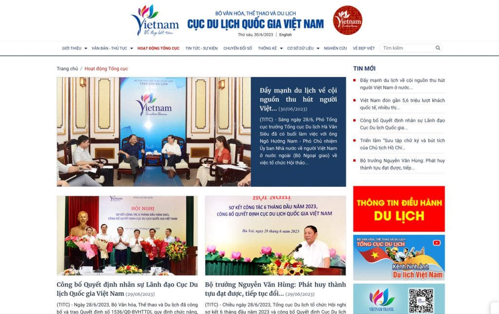 Website của Tổng cục Du lịch thay đổi giao diện. Ảnh: Chụp màn hình